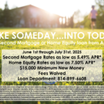 2nd Mortgage & Home Equity Loan Special - June & July 2025 - Call the loan department at 814-899-6608 for more information.